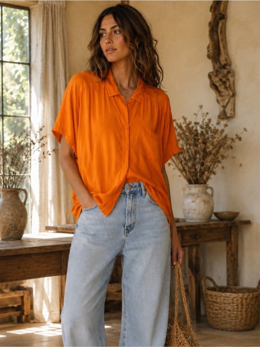 90s vintage 100% Silk Orange Hidden Placket Button Up Shirt Oversized Size M/L